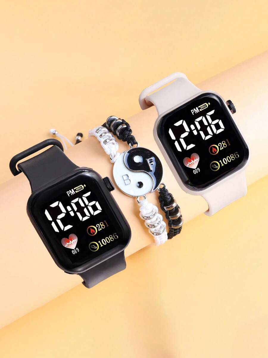 4 Pieces/Set, Heart-Shaped Cartoon/Digital Electronic Watch And Tai Chi Bracelet Gifts, Suitable For Valentine's Day, Christmas Gifts, Graduation Gifts, And Perfect For Daily Wear.
