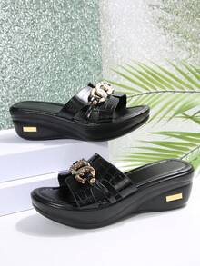 Giày sandal đế xuồng mùa hè cỡ lớn có khóa kim loại, sandal La Mã hở mũi, phụ kiện du lịch thiết yếu. - màu đen - Xem 7