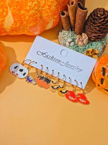 10 Stücke/50 Stücke neue Lustige Halloween Ohrringe, Gothic Schädel, Geistgesicht, schwarze Katze, Kürbis, Fledermaus Ohrhänger Schmuckset aus Zinklegierung für Frauen