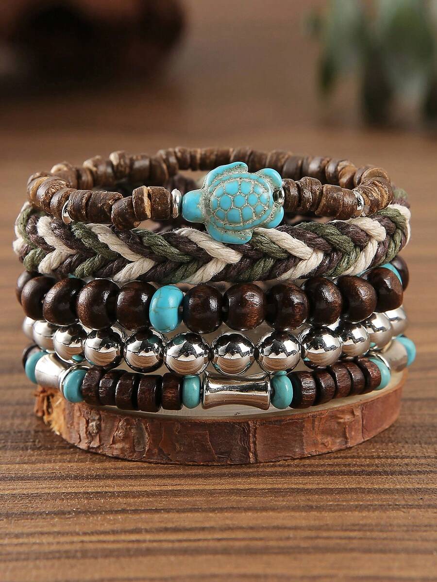 Bộ 10 vòng tay hạt co giãn thủ công có thể xếp chồng theo phong cách Boho kèm mặt hình rùa dành cho nam và nữ, bộ vòng tay co giãn có thể điều chỉnh, quà tặng hoàn hảo cho cả nam và nữ trong tiệc lễ hội - Bộ đồ chơi mười món Turtle - Xem 1