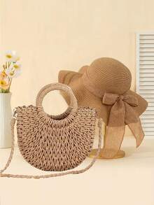 新月形手提包，饰以亚麻蝴蝶结丝带和草帽，简约时尚，半圆形草编包，沙滩手工编织包，时尚沙滩度假草编包，女士假日包，夏季度假包，完美适用于沙滩度假、旅行、购物和度假必备品。 - 查看 5