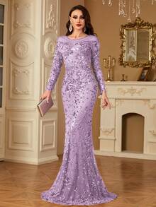 hezixi Stretchy Sequin Dress, Comfortable Fit For Different Body Types, Sheer Round Neck Long Sleeve Bodycon Mermaid Hem Formal Gown - 紫丁香色 - 查看 4
