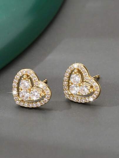 1 Pair Luxury Copper Heart Stud Earrings, Sweet & Versatile, Birthday Gift For Girls