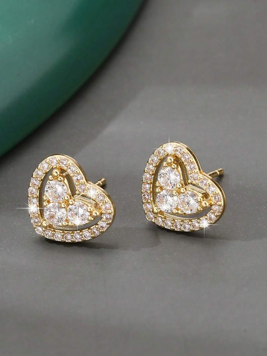 1 Pair Luxury Copper Heart Stud Earrings, Sweet & Versatile, Birthday Gift For Girls