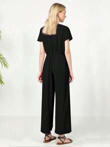 Elegante Mono De Pierna Ancha De Cuello V Con Manga De Murciélago Unicolor Casual y Elegante Para Mujer