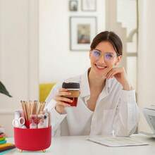 360 Rotación de bolígrafo púrpura y organizador de suministros de arte, organizador de computadora de 5 ranuras para oficina, escuela, hogar - Rojo - Ver 10
