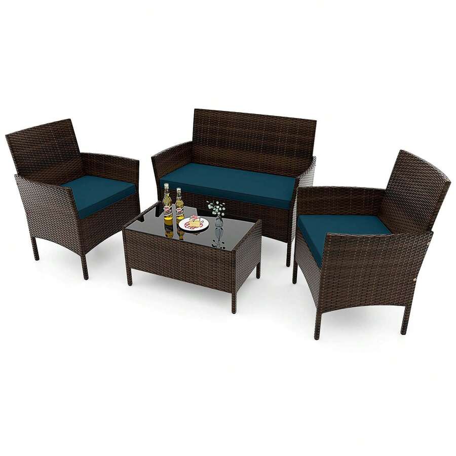 Set Of 4 Furniture Set W/ Washable Cushions & Tempered Glass Coffee Table - 藍色 - 查看 1