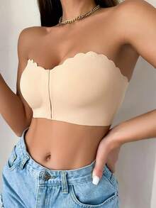 Sexy & Comfortable Front Closure Bandeau Bra, Seamless Ruffle Trim, Strapless, Wireless, Soft Padded Cups, Adjustable Straps, Breathable Fabric, Women's Daily Underwear