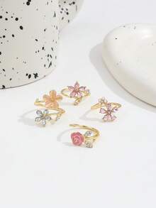 Bộ 4 chiếc/Bộ nhẫn có thể điều chỉnh hình hoa hồng màu hồng đáng yêu, trang trí bằng ngọc trai giả kim cương, bộ nhẫn hoa năm cánh cho phụ nữ - Vàng - Xem 3