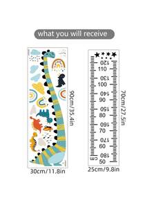 Dinosaur Growth Chart Wall Decal - Kids Room Height Measurement Stickers With Cartoon Long Neck Dinosaur Design, Removable Nursery Wall Art - Multicolor - View 2