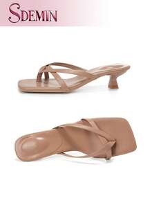 SDEMIN 夏季新款女士纯色拖鞋，优雅度假鞋，休闲沙滩高跟凉鞋，时尚易穿高跟鞋，适合正装 - 杏色 - 查看 9