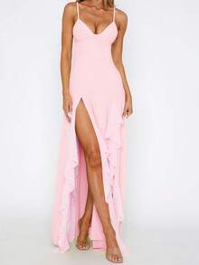 WOWDARK 女士秋季度假荷叶边V领吊带连衣裙，侧开衩长裙，优雅女士粉色连衣裙，女士音乐会服装，派对连衣裙，浪漫假日连衣裙，休闲办公街头连衣裙 - 粉色 - 查看 8