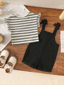 Baby Girl Striped Print Short Sleeve T-Shirt And Black Suspender Jumpsuit Casual Set - Apricot - View 2
