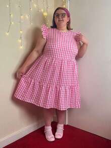 Enliva 大码女式可爱格子印花圆领盖袖连衣裙（夏季） - 玫紅色 - 查看 8