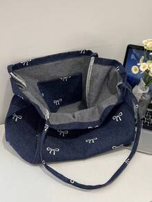 新款韩版休闲时尚百搭蓝色极具吸引力蝴蝶结水洗帆布托特包，适合通勤、旅行、购物、学生返校、大容量甜美女士手提包