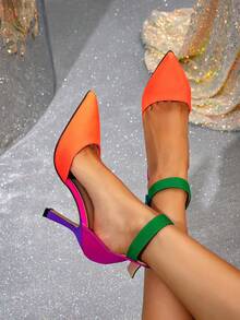 Talons hauts pour femmes, nouvelle mode, bout pointu, élégants, talons fins, polyvalents, chaussures de soirée, blocs de couleurs, bride ajourée, boucle, grande taille - Jaune citron - Voir 4