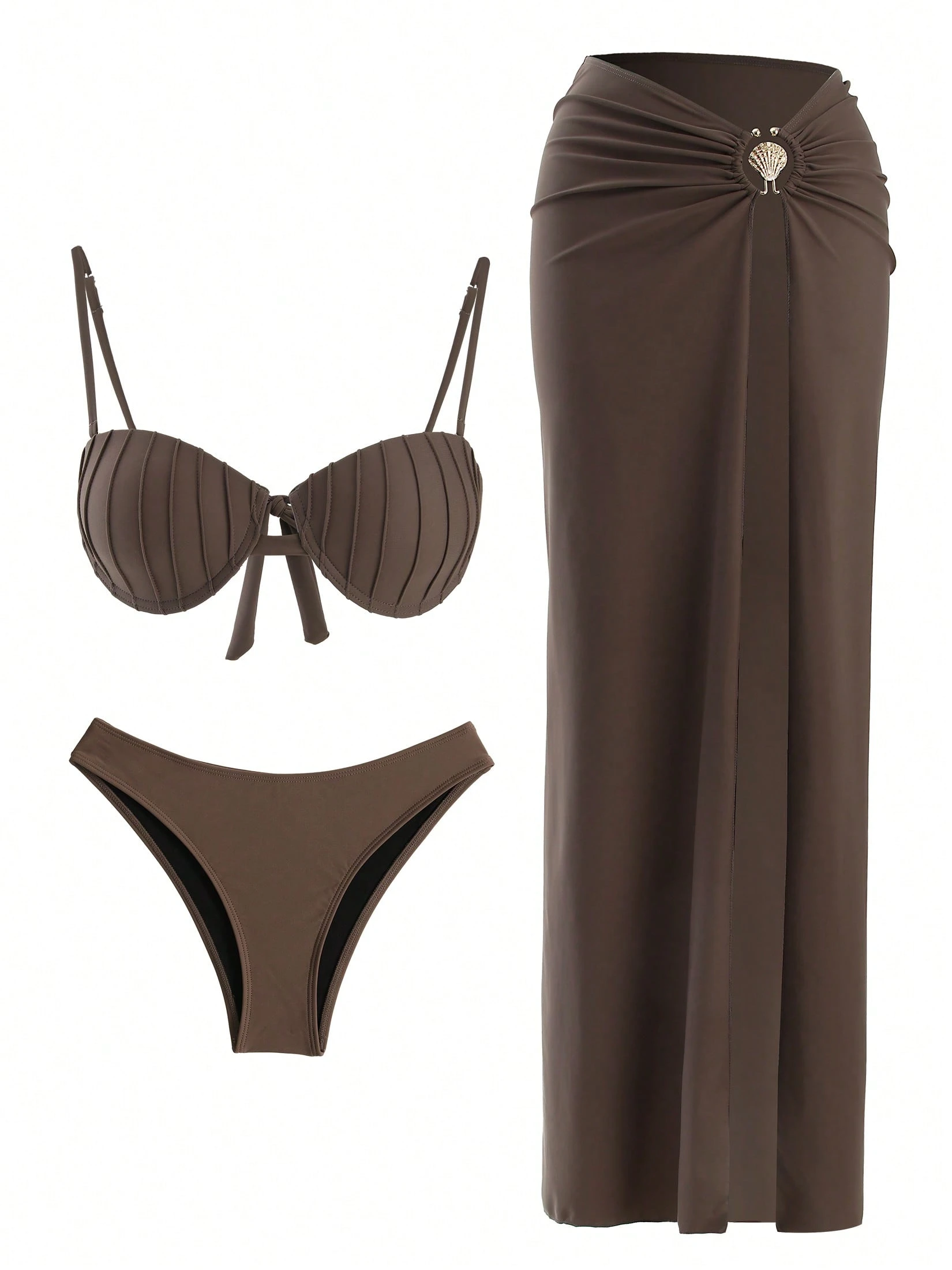 Conjunto de Maiô Bikini de Concha Sexy com 3 Peças, Top de Maiô Bikini Halter e Saia Longa com Fenda Alta, Roupa de Praia para Férias de Verão - Chocolate - Visão 3