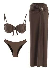 European & American Style Bikini 3 Piece Sexy Shell Swimsuit And O Ring Long Skirt Brazilian Biquini High Split Beachwear Vacation Outfit - 巧克力棕 - 查看 3