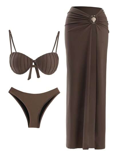 Allurini European & American Style Bikini 3 Piece Sexy Shell Swimsuit And O Ring Long Skirt Brazilian Biquini High Split Beachwear Vacation Outfit Elegant