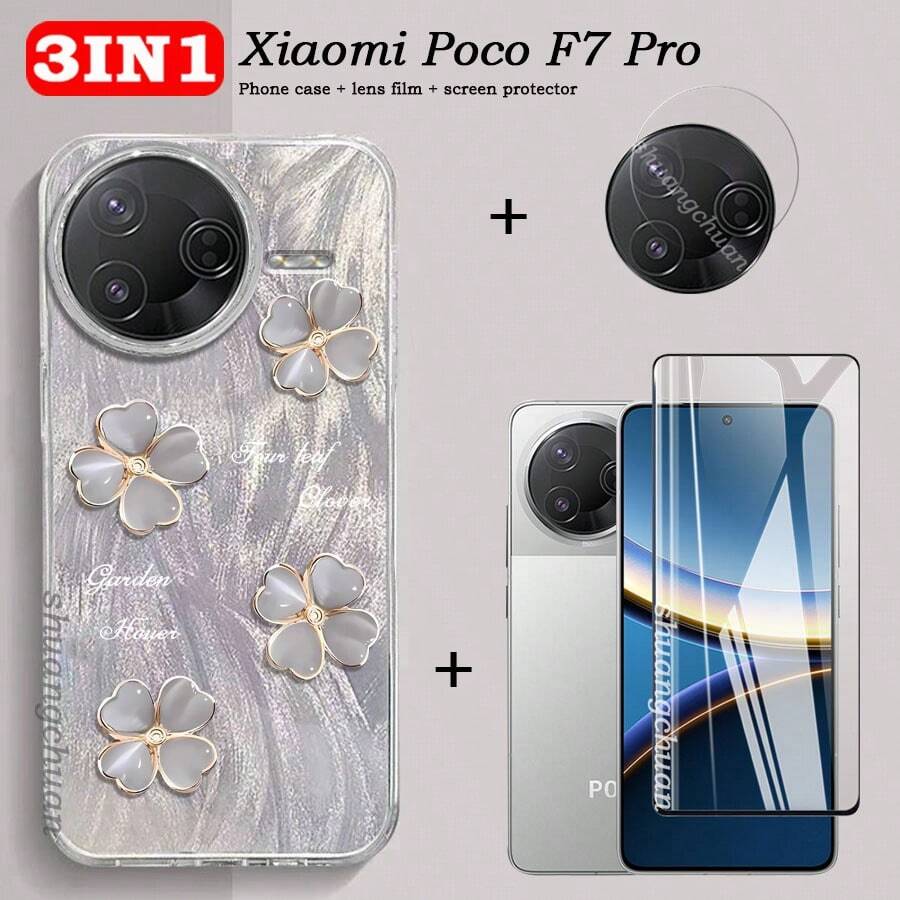 3-In-1 Screen Protectors For POCO F7 Pro: Tempered Glass Film, Matte Anti-Peep Film, Soft Protective Film; Feather-Pattern Anti-Fall Phone Case; Camera Lens Film, For Redmi Note 13