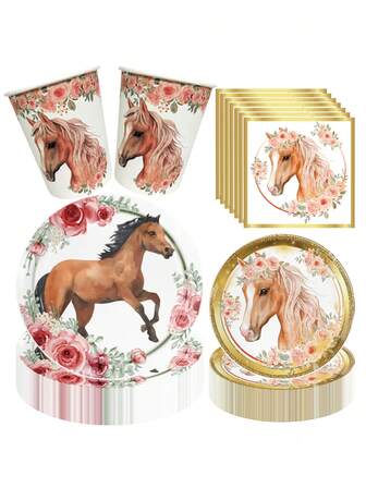 10pcs Cowgirl Birthday Party Decor, Horse Theme Party Tableware Set Includes Plates, Napkins, Cups, Horse Party Decor,