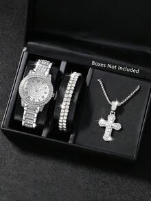 Bộ đồng hồ và trang sức nữ, mặt tròn màu bạc kèm vòng tay và dây chuyền đính đá, thích hợp đeo hàng ngày, làm quà sinh nhật, quà dự tiệc, quà tặng ngày lễ, quà tặng lý tưởng cho bản thân hoặc bạn bè. Không kèm hộp đựng. - Bạc - Xem 4