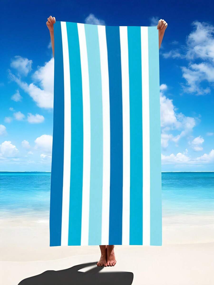 1pc Blue & White Striped Beach Towel, Super Absorbent & Fast Drying, Suitable For Travel, Swimming, Yoga, Camping, Available In Multiple Sizes, Beach Accessory Beach Essentials - Blue and White - View 1