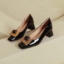 New Arrival: Red Wedding Shoes With Mid Heel, Patent Leather Square-Toe Shallow Cut Pumps - Black - View 2