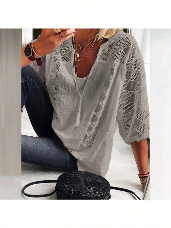 Women's 3/4 Sleeve Cotton Lined Tunic Top - Light Grey V-Neck Casual Loose Shirt With Geometric Perforated Detail, High Quality Autumn T-Shirt For Layered Or Separate Garments, S-XXL, Loose Version Top | Asymmetrical Design | Machine Washable