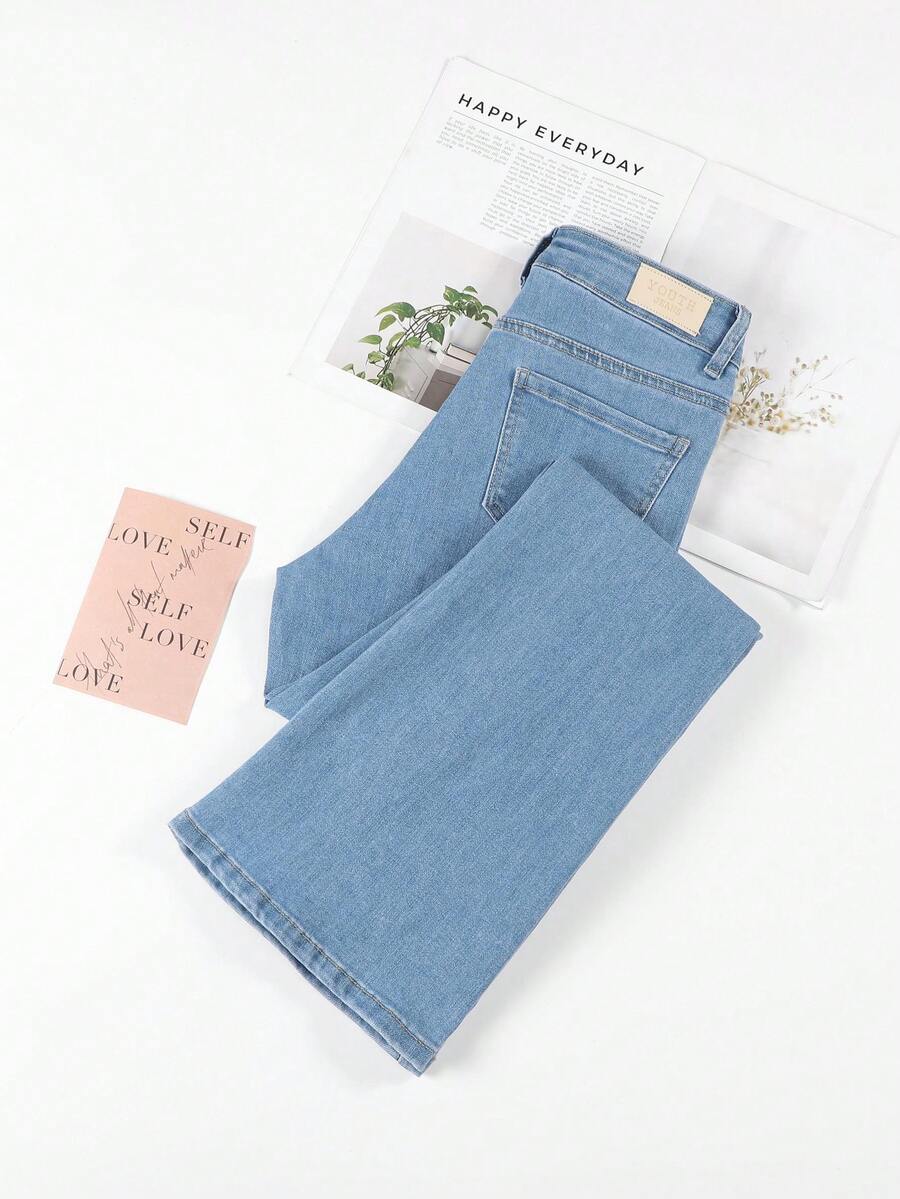 HIMARRI Jeans Acampanados de Cintura Alta para Mujer - Denim Lavado Azul Claro, Pantalones Casuales Ajustados con Botóns, Diseño Elegante y Cómodo para Todas las Estaciones, Lavables en Máquina - Celeste - Ver 1