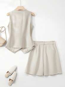 2pcs Women Casual Solid Color Elegant Button Front Pocket Vest & Shorts Set, Office Wear Early Autumn