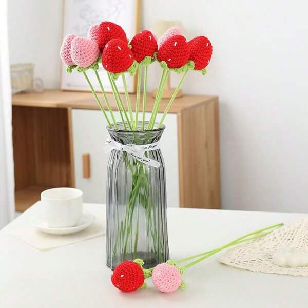 8pcs Handmade Crochet Strawberry Flower Bouquet, Red & Pink, Suitable For Home Decor, Holiday Decor, Valentine's Day & Birthday Gifts, Creative Present
