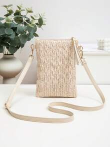 Túi đeo chéo mini dành cho nữ, Túi đeo chéo dệt thủ công, Túi xách tay màu trơn, Túi trang trí tua rua kiểu Pháp giản dị, Túi đeo vai có khóa kéo đa chức năng dung tích lớn, Túi mua sắm du lịch, Sử dụng hàng ngày, Ví cói, Túi đi biển cói, Đồ dùng cần thiết cho bãi biển, Phụ kiện đi biển và đồ dùng cần thiết cho mùa hè - Màu be - Xem 5