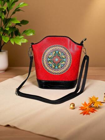 Sac seau design avec motif totem, corps jaune vif, avec sangle d'épaule ajustable. Facile à transporter téléphone, clés, cosmétiques, mouchoirs et autres nécessités quotidiennes. Élégant et pratique pour sortir