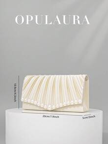 OpulAura 女士简约时尚褶皱设计迷你翻盖手拿包，奢华缎面晚宴包，优雅迷人的晚礼服配饰手拿包，适合婚礼/正式派对/庆典/返校活动，可作为生日/节日礼物，随机珍珠装饰 - 杏色 - 查看 5
