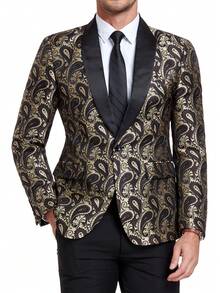 Sacou bărbătesc cu guler șal și model floral din caju, cu un singur nasture, auriu, mărimea XS-XXXL