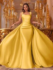 VIPGIRL 香槟粉色无袖垂褶缎面礼服，配亮片肩带和长拖尾，优雅美人鱼款女士正式礼服，舞会礼服，晚礼服，婚礼宾客礼服，奢华迷人的正式礼服 - 黃色 - 查看 6