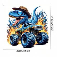 1 件/2 件/3 件蓝色恐龙怪兽卡车 DTF 熨烫贴纸，“咆哮的火焰冒险”图案，房间墙贴，适用于 T 恤、连帽衫、笔记本电脑套的汽车贴花 - 彩色 - 查看 2