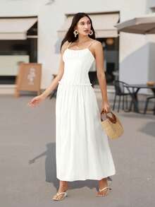 Women Long Dress Solid Color Spaghetti Strap Cami Dress Summer Fashion Sleeveless Casual Dress - 白色 - 查看 9