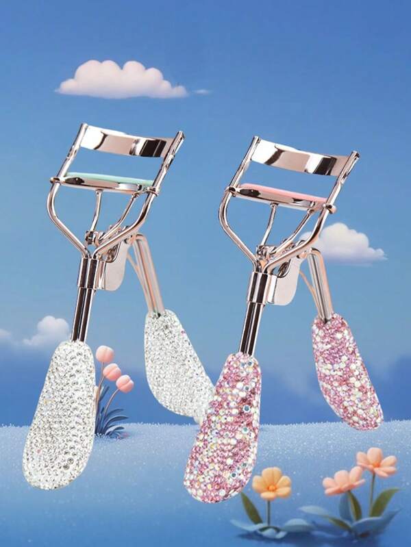 1pc Luxurious Rhinestone Stainless Steel Eyelash Curler, Shiny Silver Makeup Tool With Duck Billed Handle, Portable Eyelash Curler