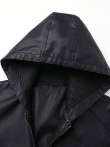 男士春秋休闲连帽皮革机车夹克，Grunge - 黑色 - 查看 3