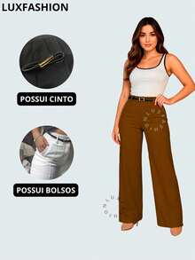 Women's Wide Leg Elegant Tailored Pantaloons With Belt - 巧克力棕 - 查看 5