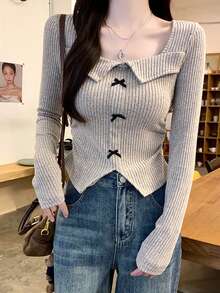 Vintage American Sexy Bowknot Collar Long Sleeve T-Shirt For Women, Slim Fit Casual Tee