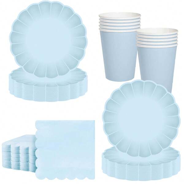 10pcs/20pcs/40pcs/50pcs/Set, Fan Shaped Paper Plate 9 Inch 7 Inch Shell Edge Disposable Dinner Tray Paper Cup Paper Towel Birthday Wedding Party Decoration (Light Blue) Mother's Day Gift Wedding Birthday Party Supplies Daily Picnic Camping Tray