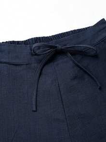 Lanwont Women's Linen Trousers Summer Casual High Waist Drawstring White Beach Pants - 藏蓝色 - 查看 3