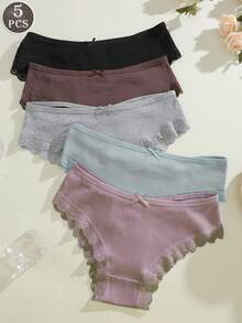 5pcs/Set Women Lace Patchwork Comfortable Breathable Bow Decor Panties Set, Soft Stretchy Casual Underwear - Multicolor - View 3