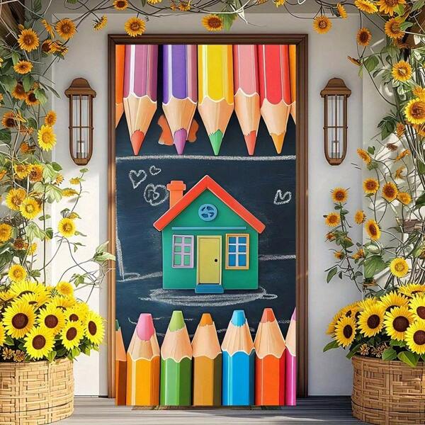 2D Hanging Flag, 1 Piece School/Graduation Doorway Cover, Bright Pencil And House Design Curtain - Colorful Home Decor Suitable For Game Room Or Creative Space
