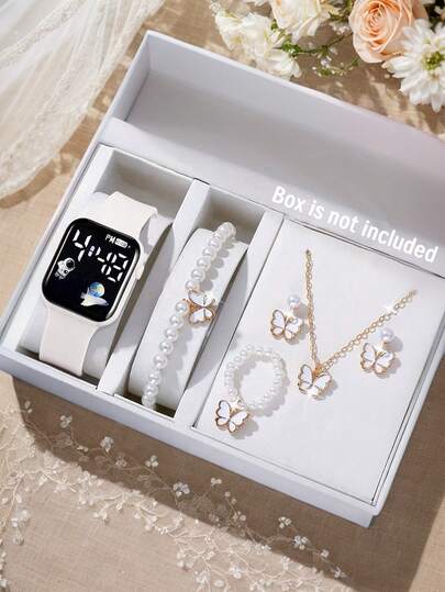 6/5pcs Cute White Strap LED Space Element Digital Display Electronic Watch, Paired With Pearl Necklace, Bracelet, Ring, Earrings And Jewelry Set, Perfect For Parties, Packing And Going Out, Buying Gifts For Friends And Relatives, And As A Gift For Girls