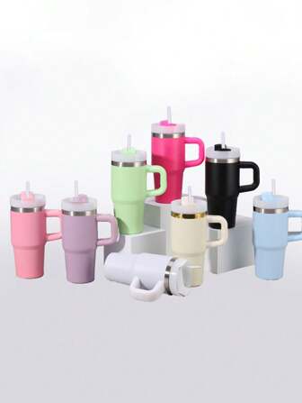 1 pieza de 14oz Taza de acero inoxidable de unicolor de ambiente sencillo, vasos, vaso de agua con tapa, pajita, taza de viaje de moda sencilla - Vaso de agua de acero inoxidable al vacío, taza a prueba de fugas portátil, regalo para amigos y familiares, equipo de bebida para exteriores, fitness, viaje, hogar, oficina. De vuelta a la escuela