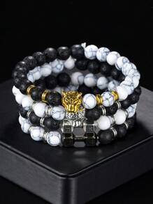 1 pieza Pulsera única para hombre con cabeza de leopardo y cuentas, para uso casual, deportivo y diario